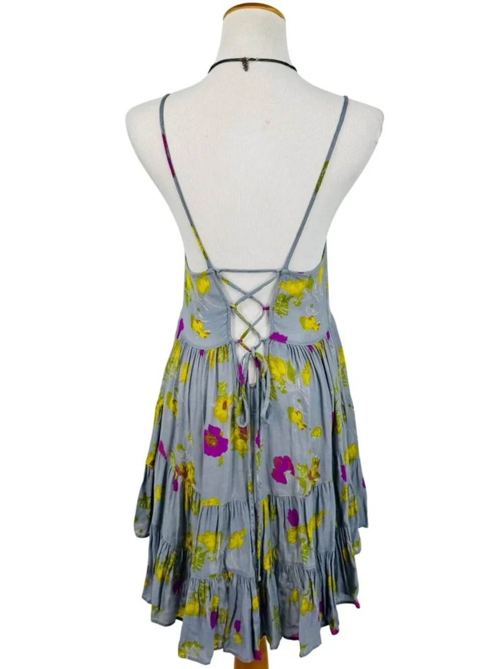 Free People Floral Strappy Lace Up Back Ruffle Hem Mini Dress S| Balletcore Boho - Picture 8 of 16